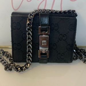 Gucci Jackie Canvas Compact Wallet in Black GUC with Unbranded Chain AUTHENTIC